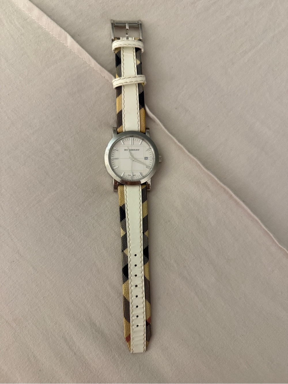 Burberry Plaid Leather-Strap Women's Watch - White Dial
